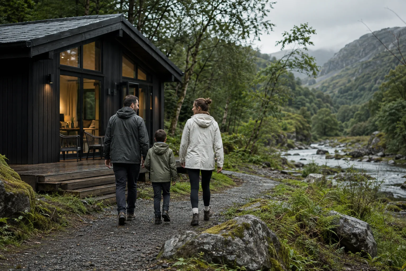 A family walking from a timber lodge towards a riverside path