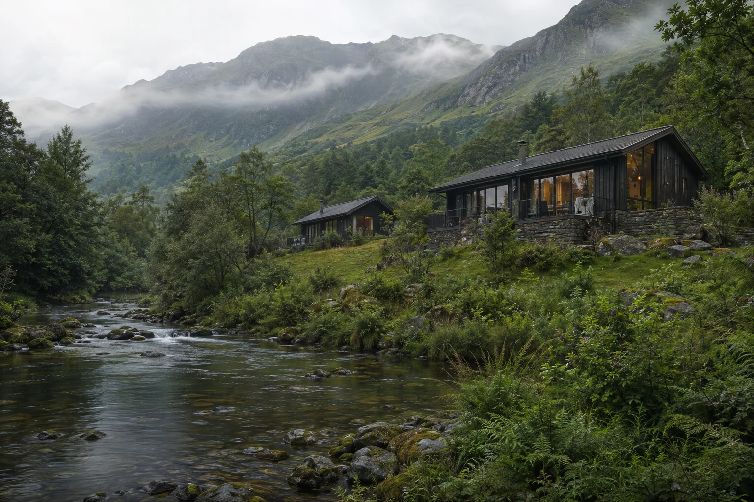 Contemporary timber holiday lodges in a wooded valley