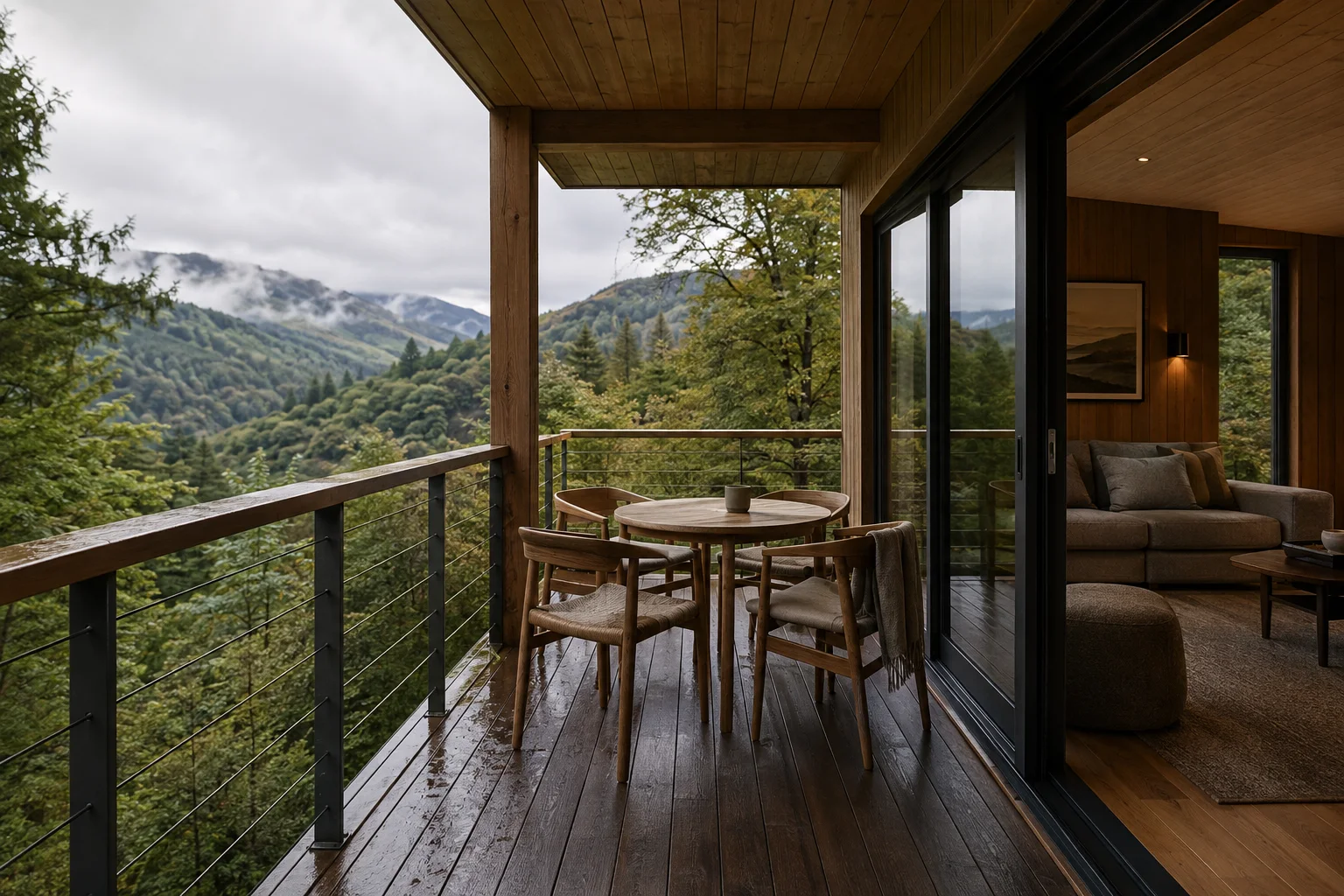 Timber holiday lodge terrace looking across wooded hills