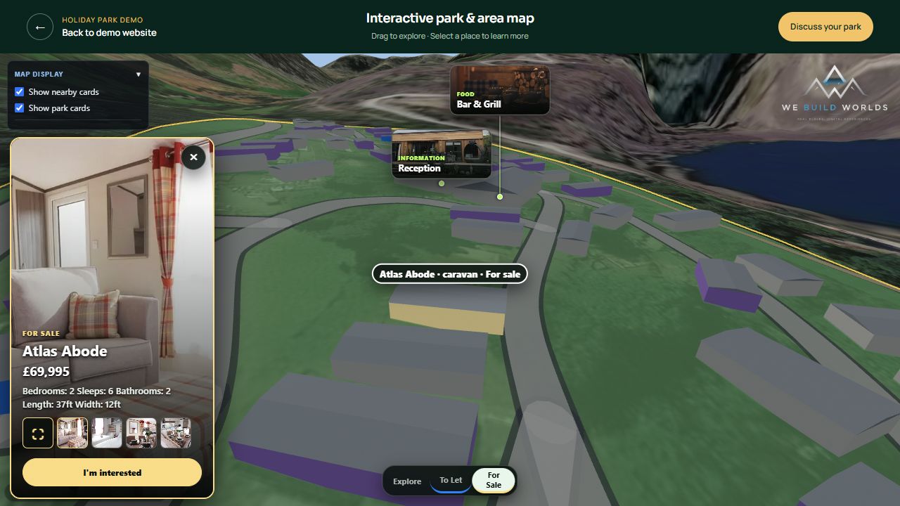 Live holiday park map demonstration showing facilities, real plot positions, sale status and an available holiday home card