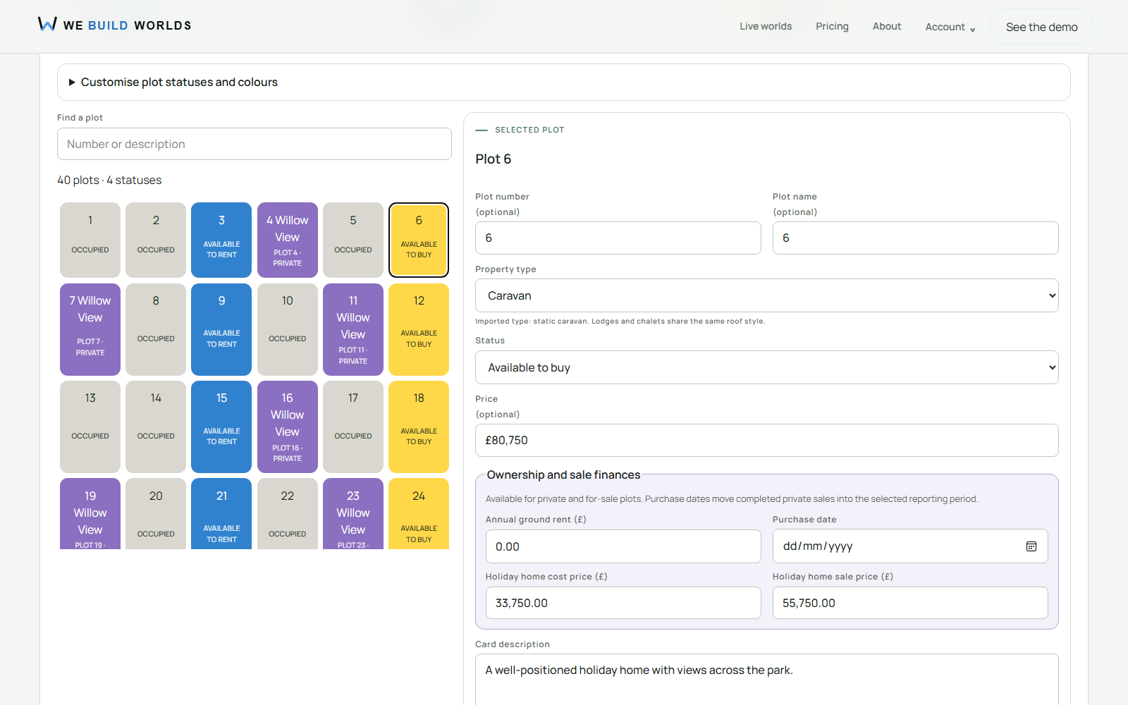 Customer admin plot manager populated with illustrative plot statuses, pricing and ownership finance fields